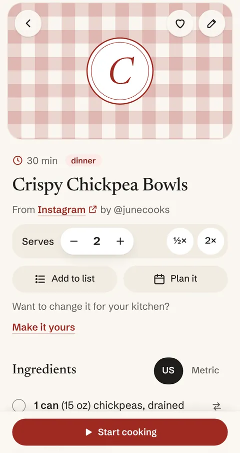 A recipe saved from an Instagram reel in gingham, credited to its creator, with its ingredients and servings.